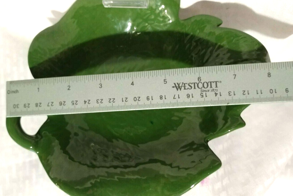 Vintage Candy Dish Green Leaf Glazed Ceramic - 8"