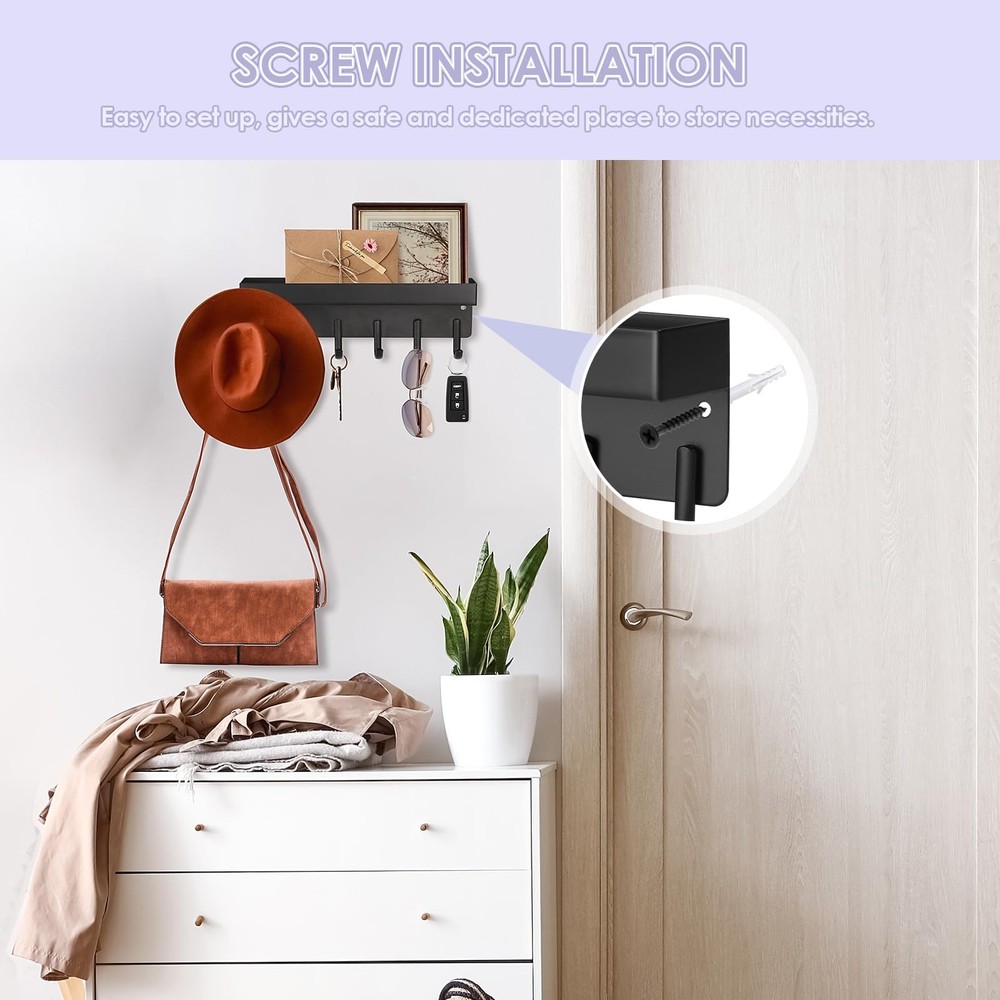 VIS'V Key Holder Wall Mount, Compact Adhesive Rack with Small, Black