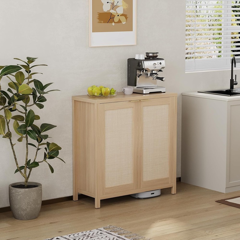 Rattan Sideboard Buffet Cabinet W/ Large Storage & Adjustable Shelves Boho