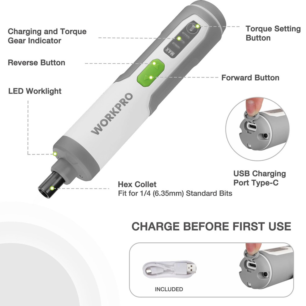 WORKPRO 4V Rechargeable Electric Screwdriver Cordless Screwdriver Set with 35Bit