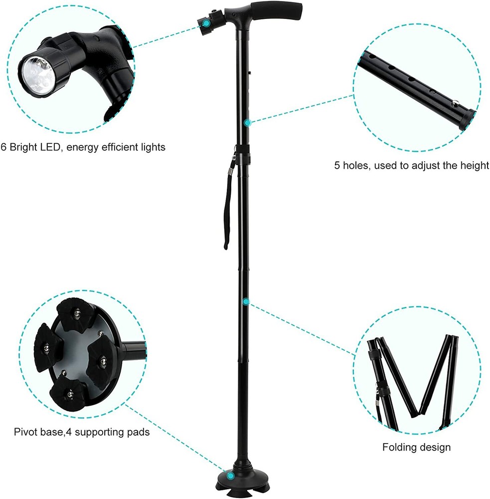 Foldable Walking Stick w/ LED Light Disability Old People Pivoting Base Cane