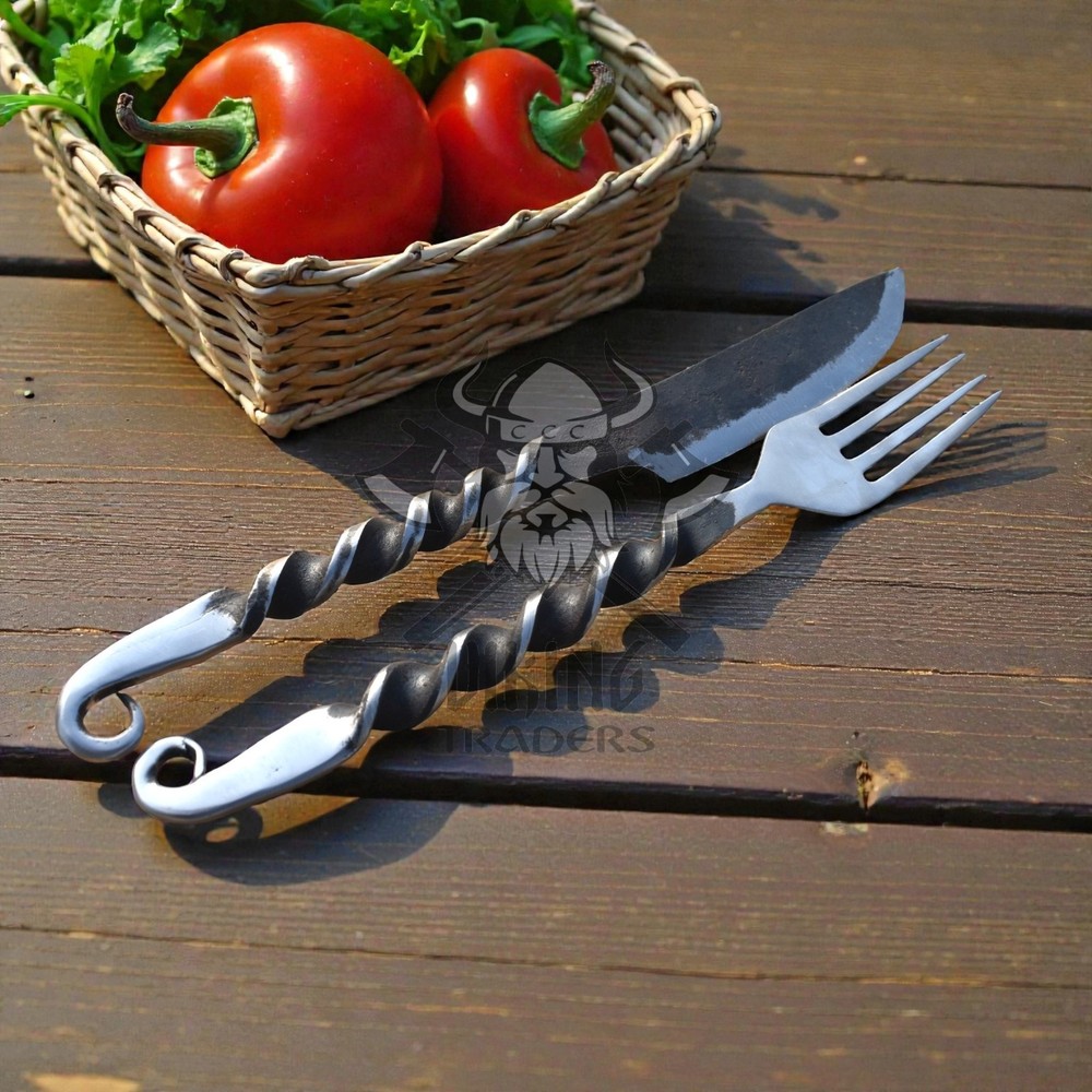 Hand Forged Medieval Iron Knife & Fork Set – Rustic Dining Cutlery