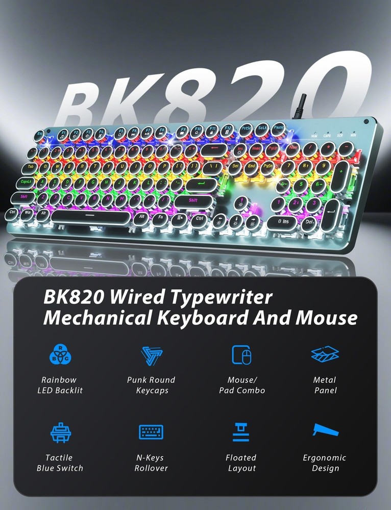 Typewriter Style Mechanical Gaming Keyboard Blue Switch, Rainbow LED Backlit ...
