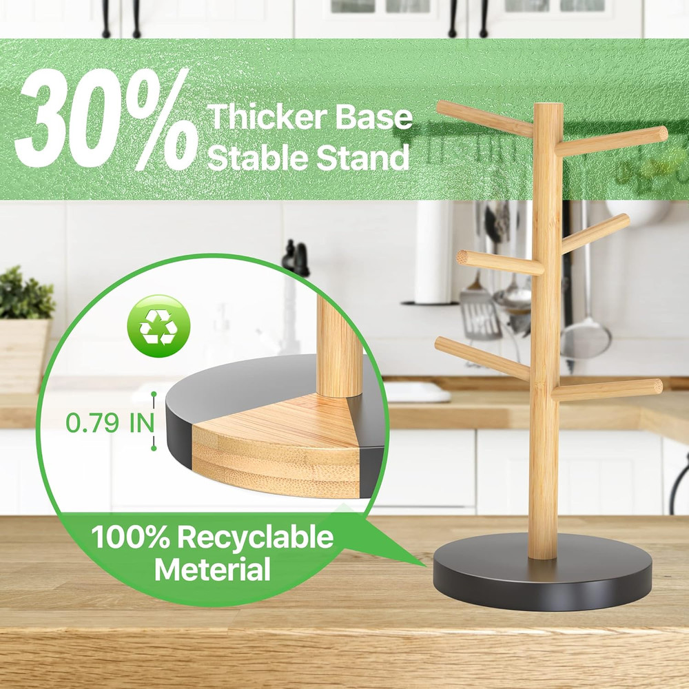 Bamboo Mug Holder Tree, Thicker Base Coffee Cup Holder Stand for Counter, Mug Ra