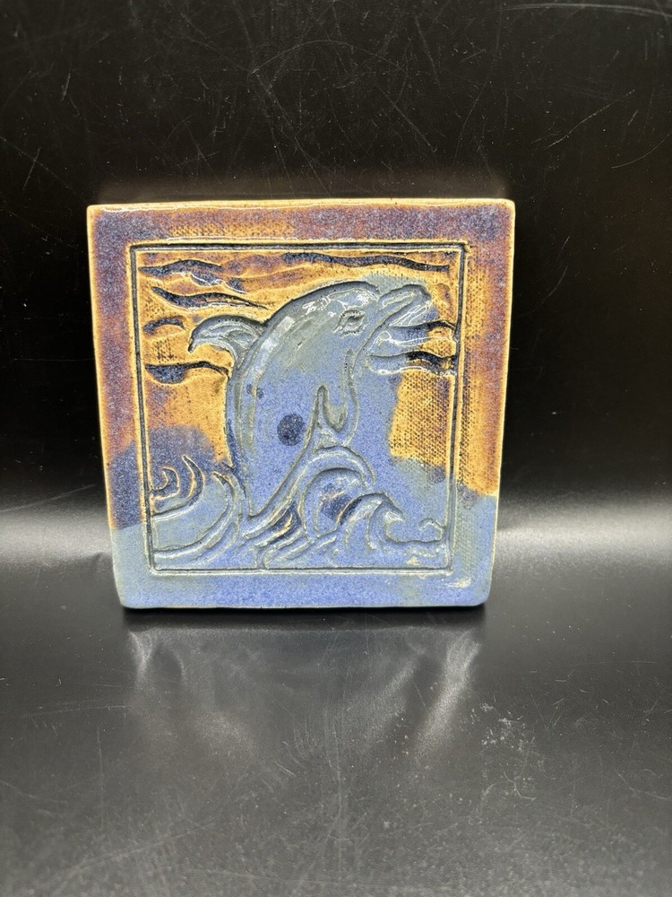 Dolphin Studio Art Pottery Tile By Piper 4.5” Square Signed Handmade