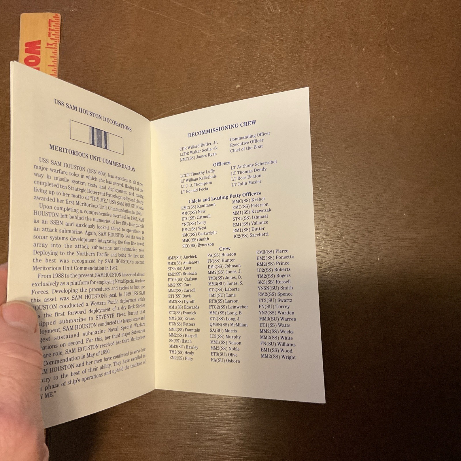 1991 Decommissioning Ceremony USS SAM HOUSTON SSN 609 Handout Pamphlet Vintage