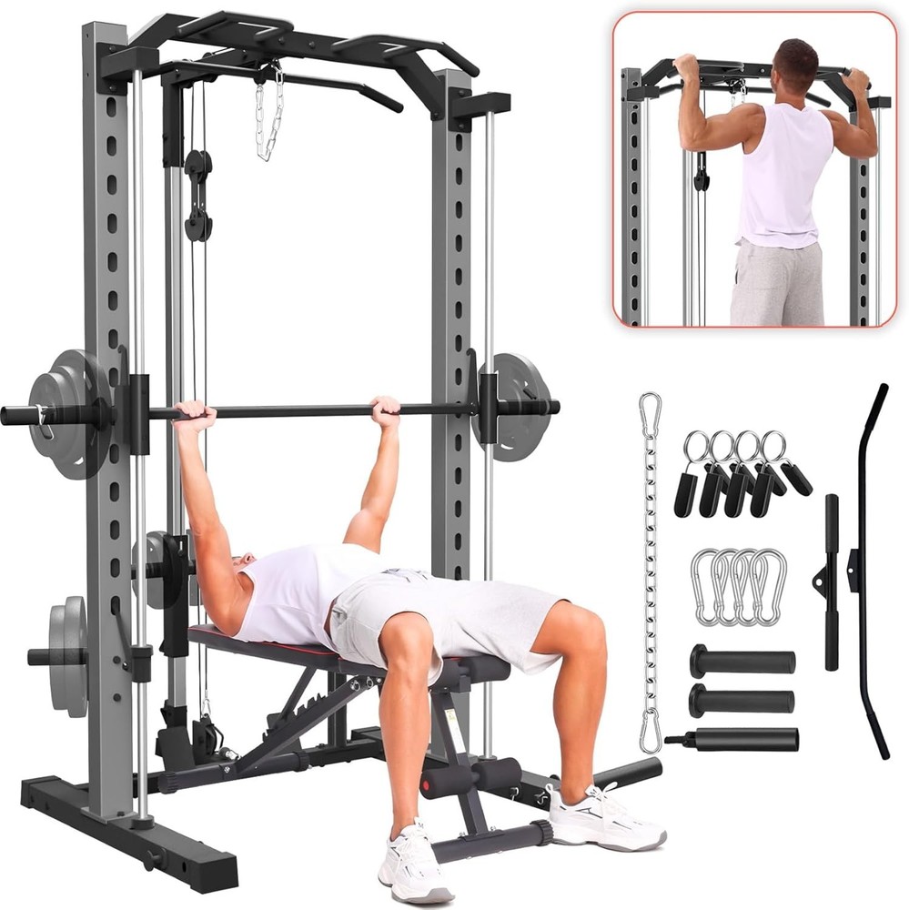 Smith Machine Power Cage Power Rack Squat Rack w/LAT Pulldown, No Weights Bench