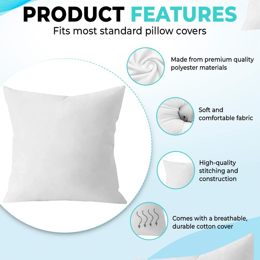 18 x 18 Throw Pillow Insert - Pack of 2 White, Down Alternative Pillow Insert...