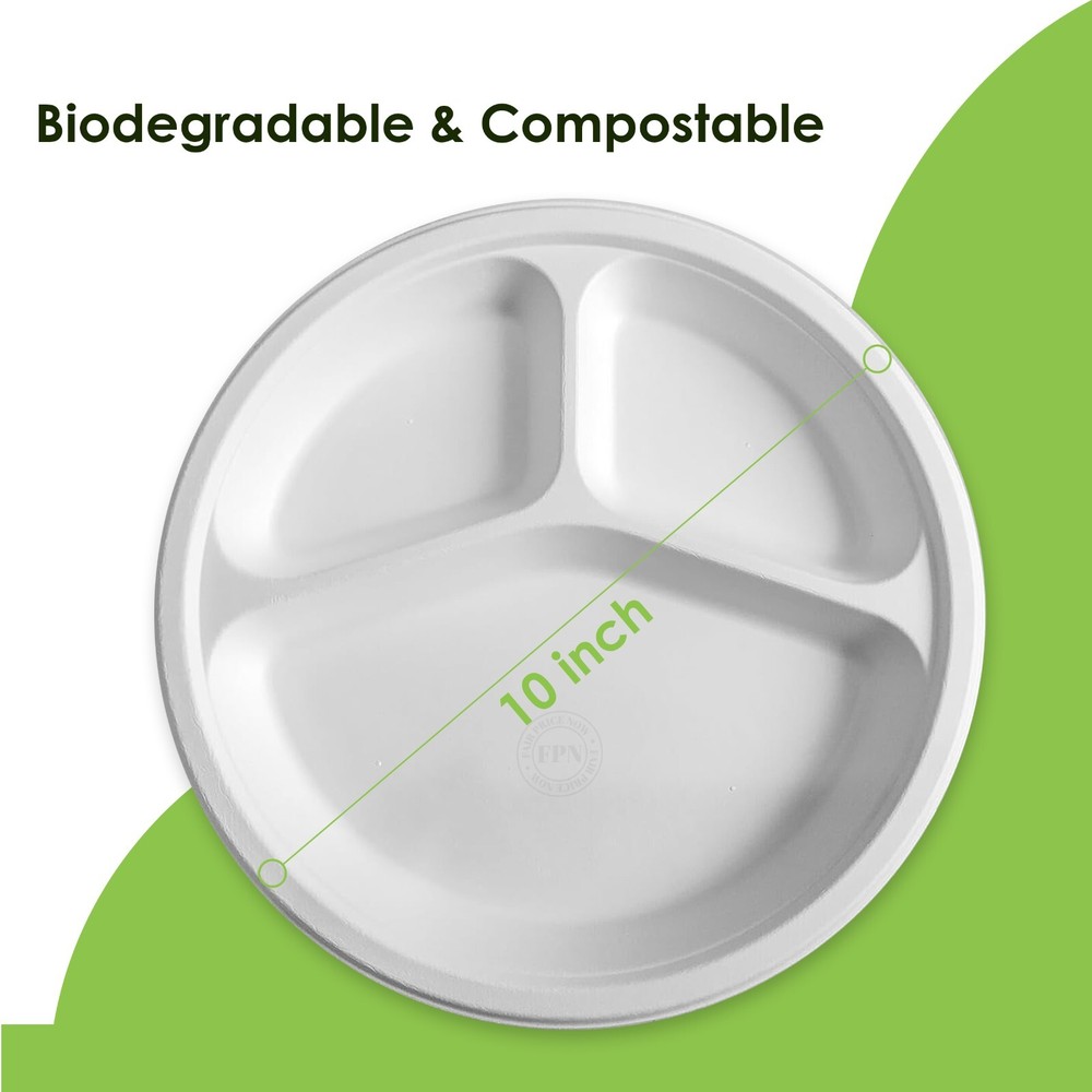 Disposable 10" 3 Compartments Paper Plates, Compostable Dinner Plates -FPN