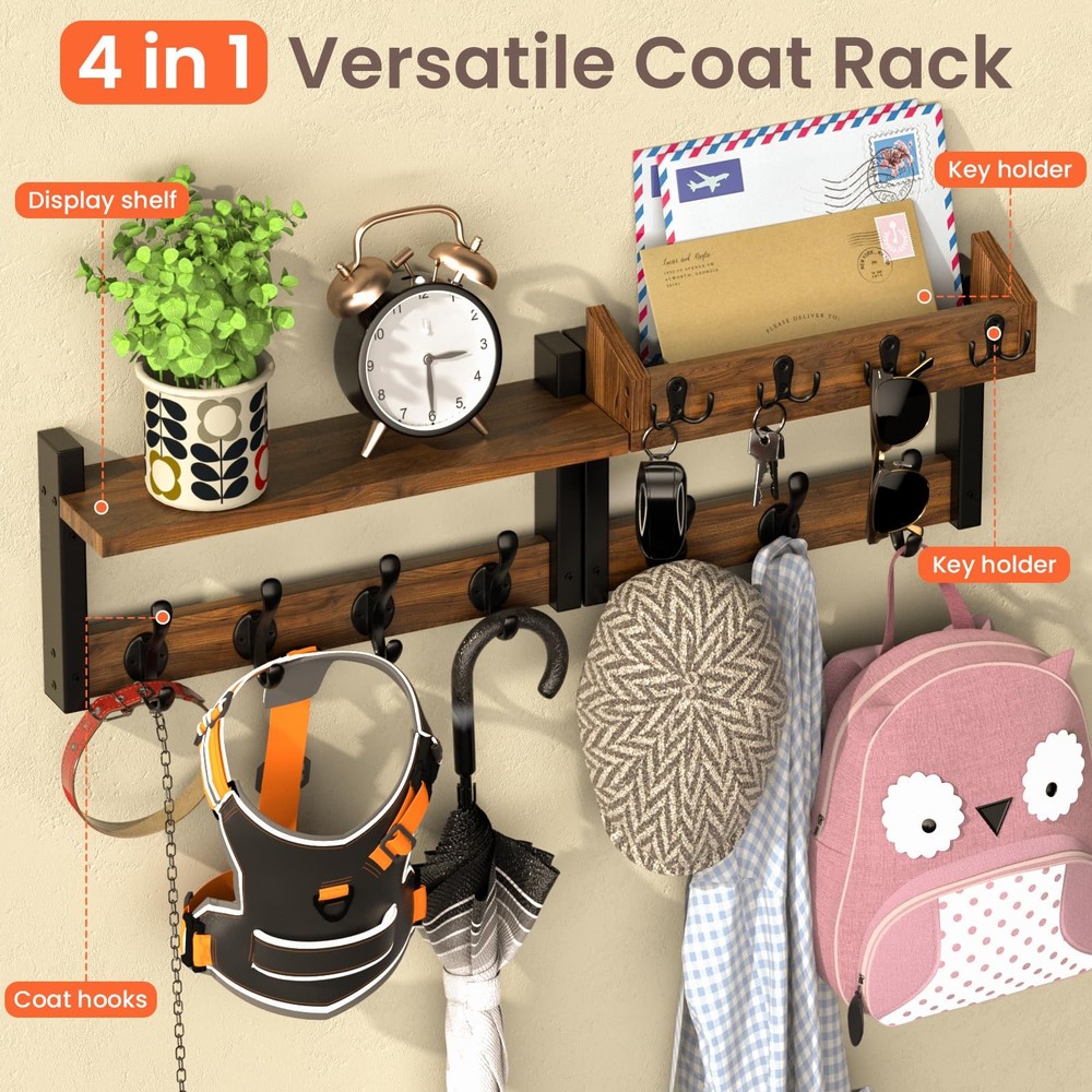 29'' Rustic Coat Rack Wall Mount with Shelf, Solid Wood Coat and Key Hanger w...