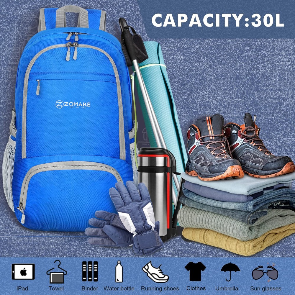 Medium Dark Blue Lightweight Packable Backpack 30L Large Capacity Daypack