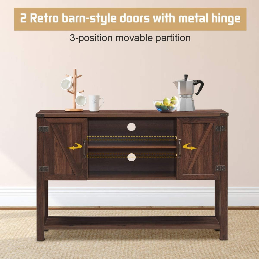 Modern Brown Console Table Buffet with Storage Cabinets and Bottom Shelf
