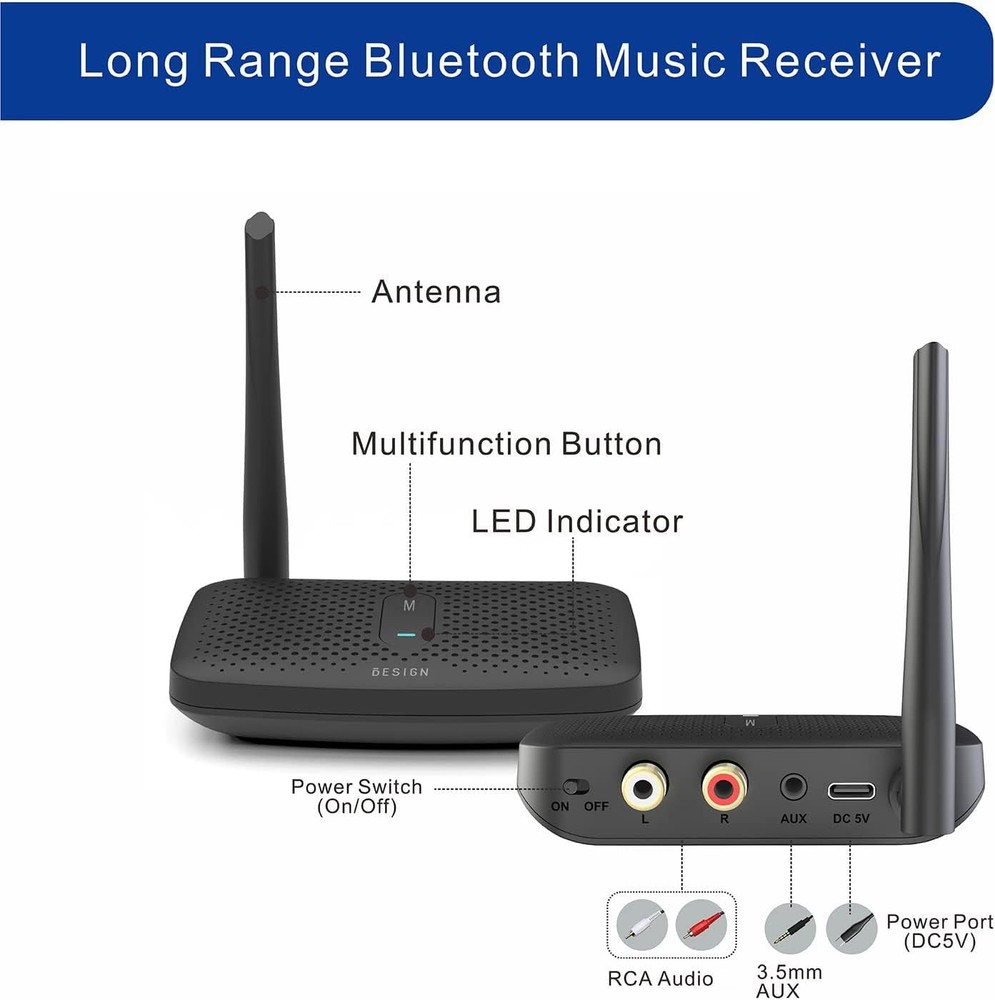 BE-RCA Pro Long Range Bluetooth Adapter for Bluetooth Music Streaming, Black