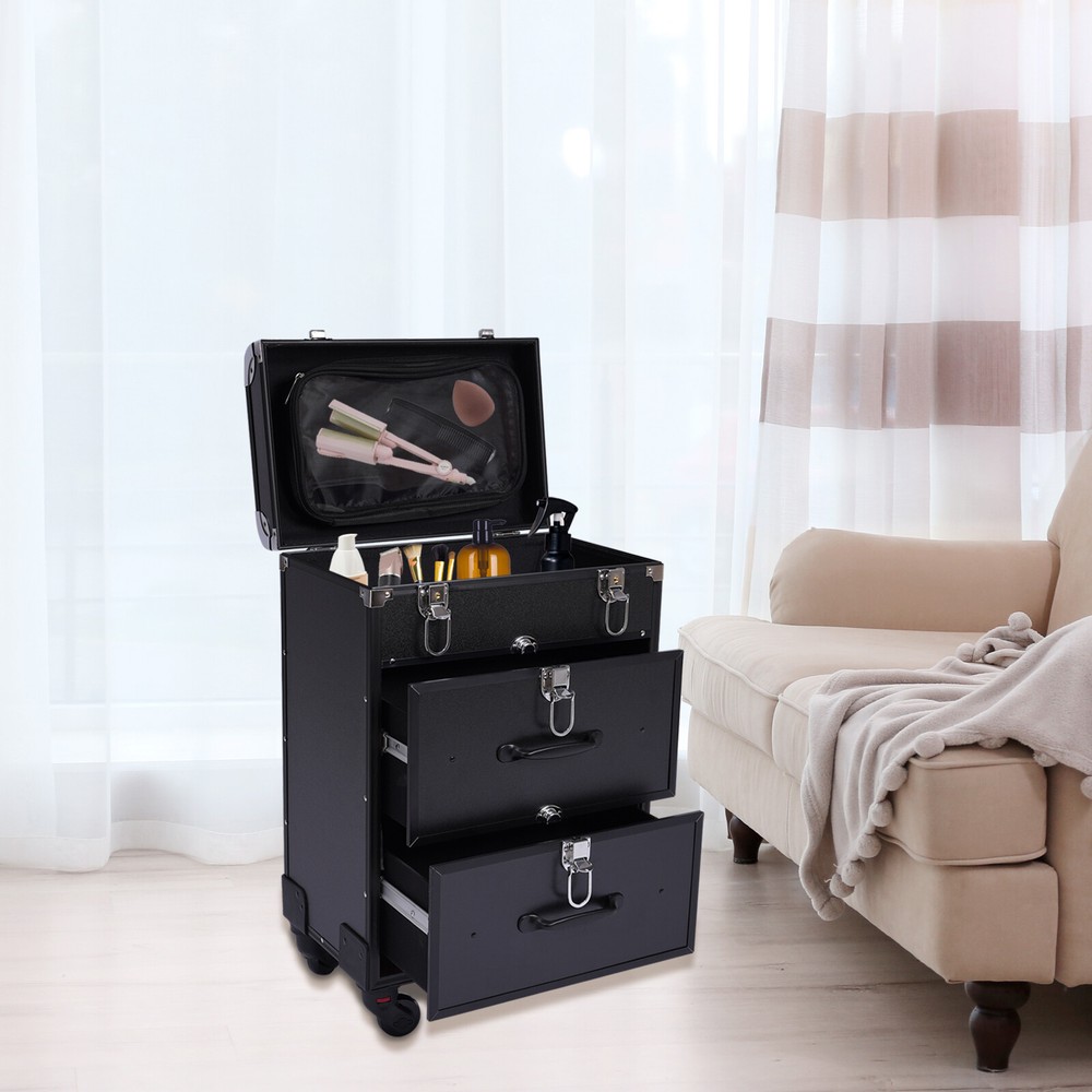 Rolling Cosmetic Storage Case Makeup Train Case Organizer Trolley Lock Black