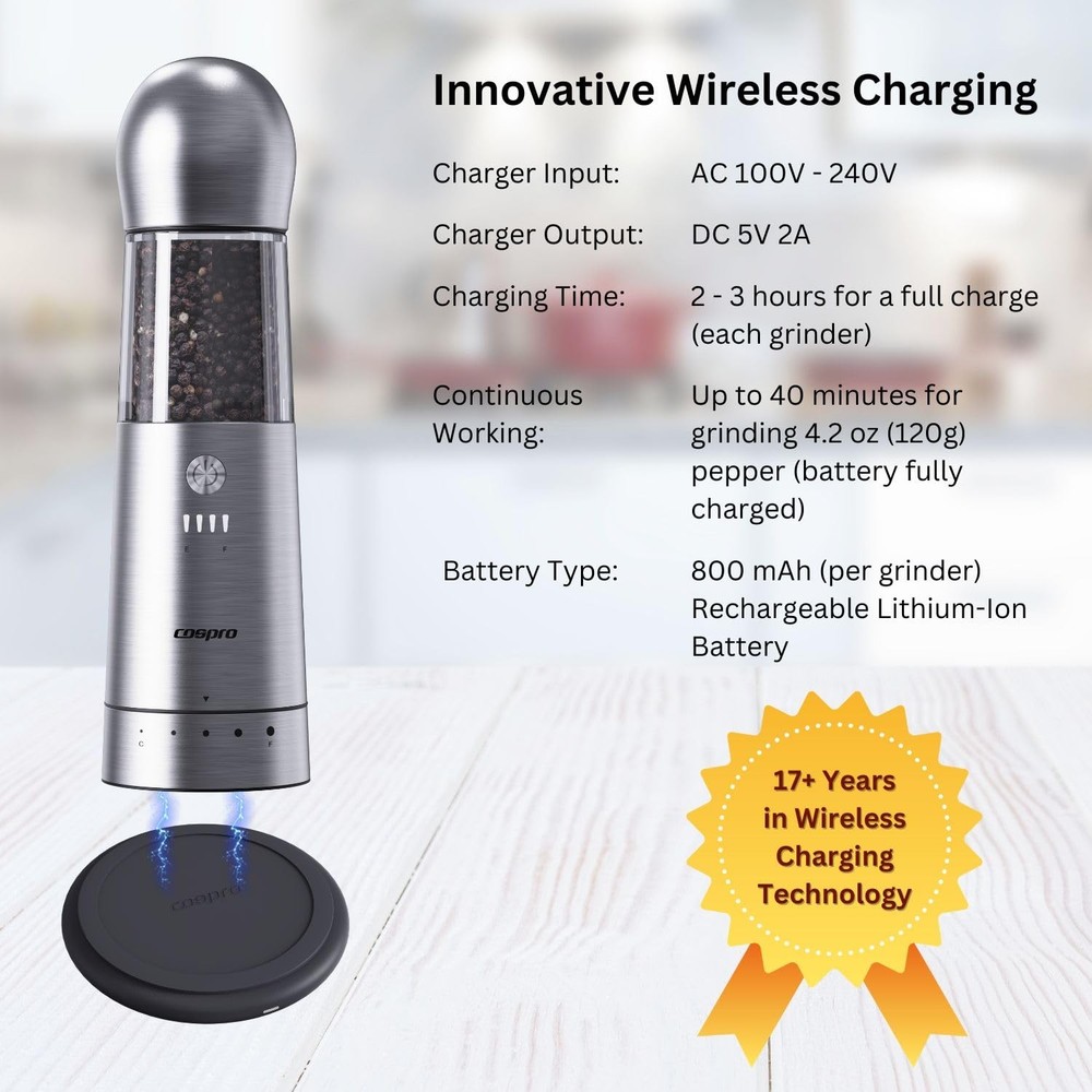 Electric Grinder with Qi-Wireless Charging Base | Kitchen Gift | Rechargeable...
