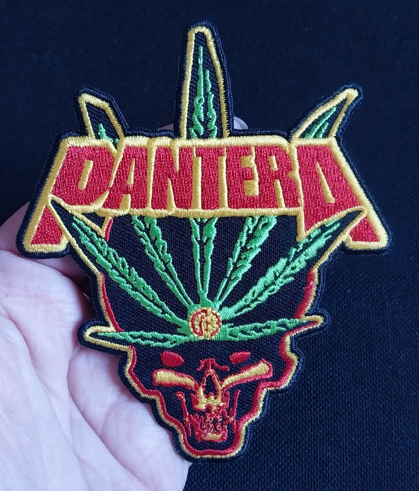 LICENSED PANTERA POT LEAF SKULL EMBROIDERED IRON ON BATTLE JACKET BAND PATCH