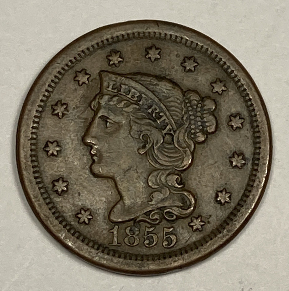 1855 Coronet large Cent .01. Choice Very Fine.
