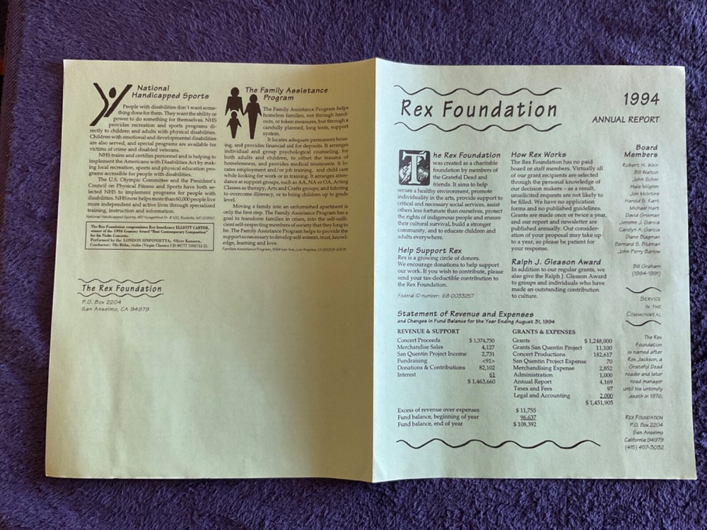 The Grateful Dead 1994 Rex Foundation Annual Report with Insert & Mailer