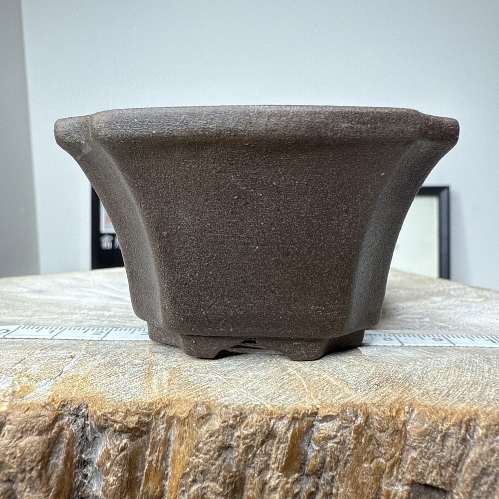 Japanese Rectangular With Indented Corner Brown Unglazed Mame Bonsai Pot Conifer