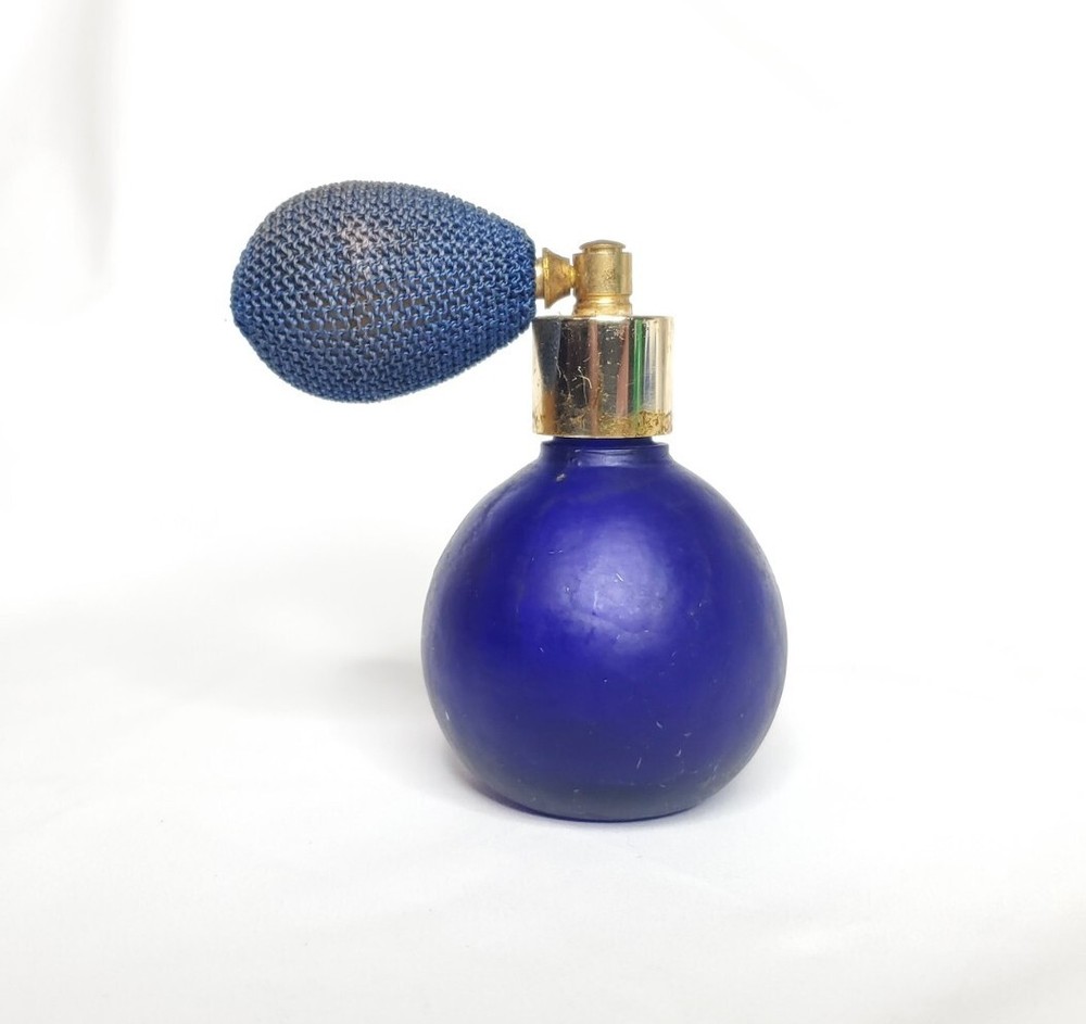 Vintage Dark Blue Glass(?) Perfume Bottle with Atomizer