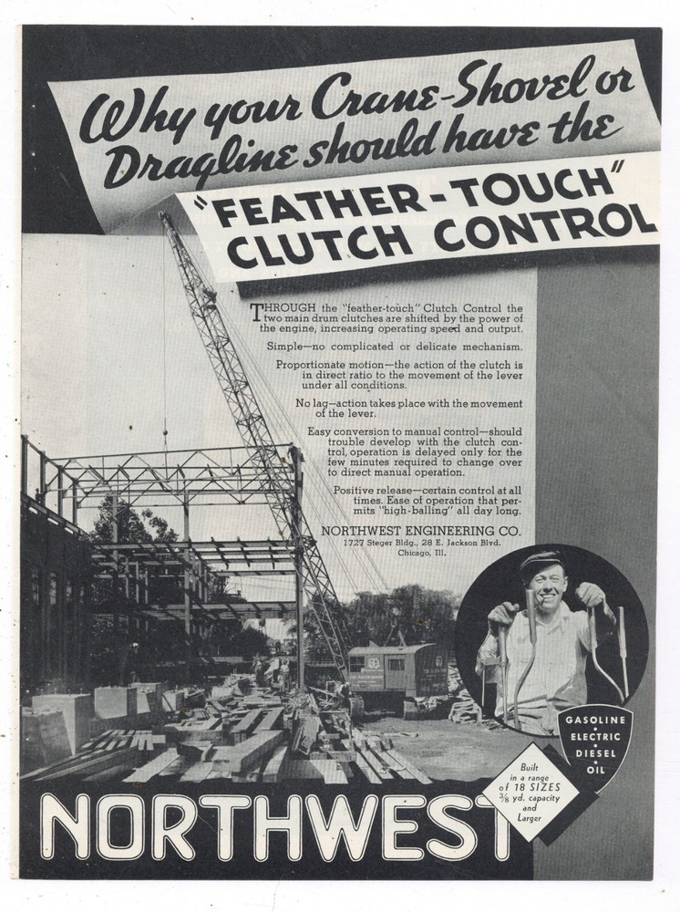 1938 Northwest Engineering Ad: Feather Touch Clutch Control for Shovel, Crane