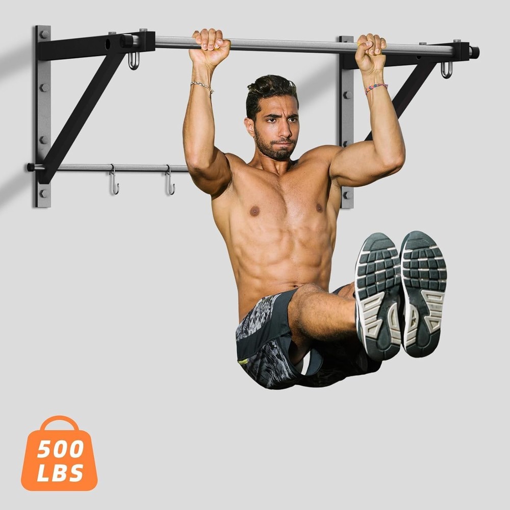 Wall Mounted Pull Up Bar, Strength Training Chin Up Bar with Hooks, Adjustabl...