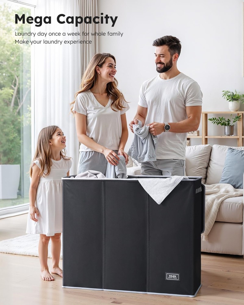 SOLEDI 180L Laundry Hamper 3 Section, Extra Large Laundry Hamper with Lid, Di...