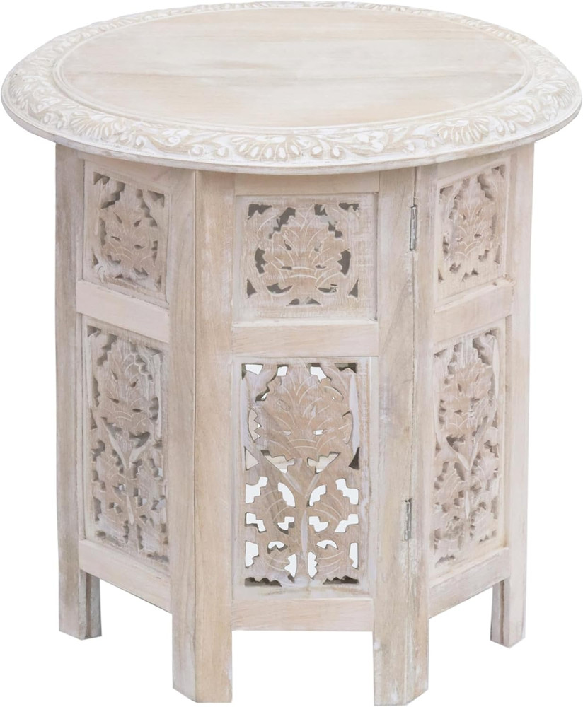 Solid Wood End Table - Hand Carved Vintage Boho Folding Accent Side Table - S...