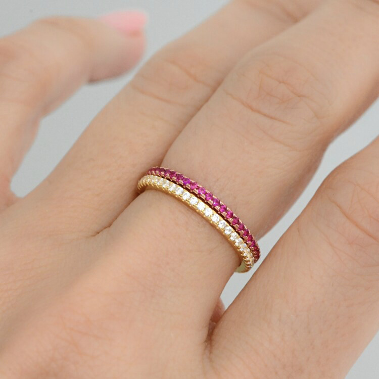 Ruby Band Stackable – Eternity Ruby Silver and Gold Minimalist Ring