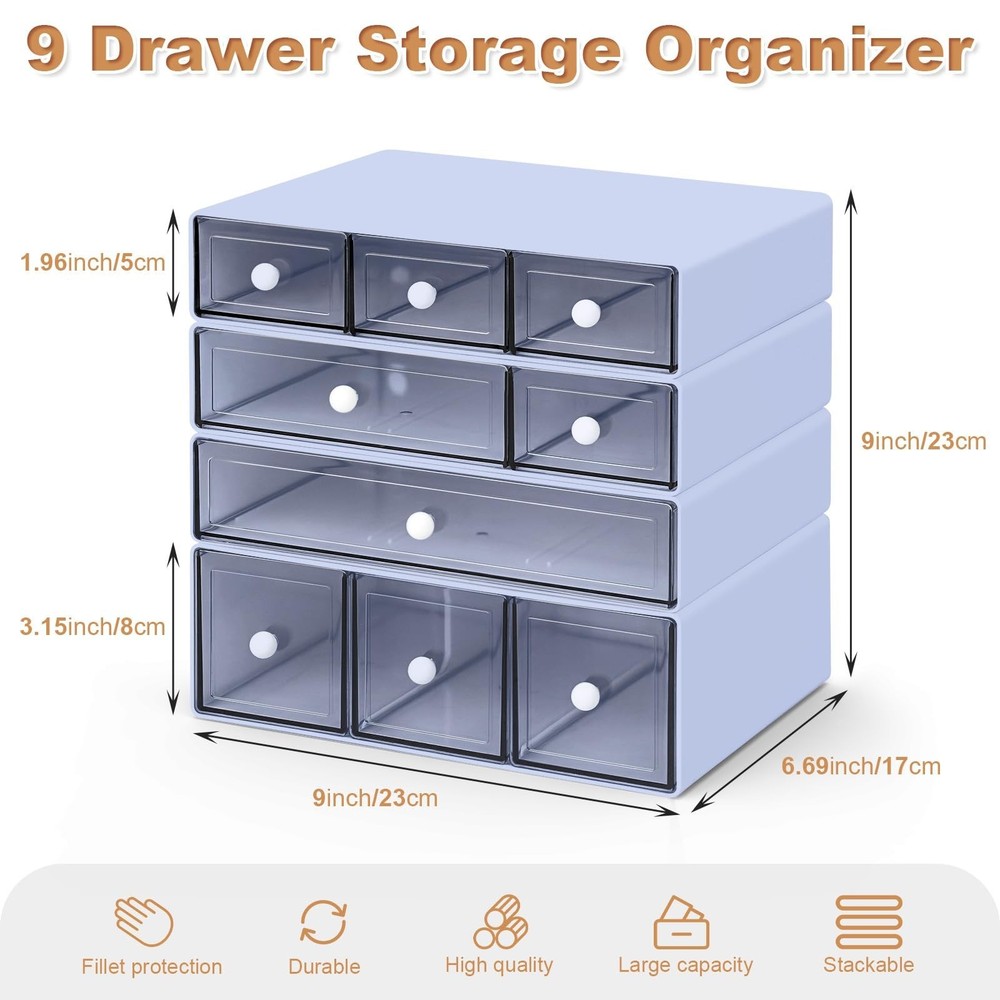 Desk Organizer with 9 Drawers, 4 Tier Plastic Stackable Storage Drawers for D...