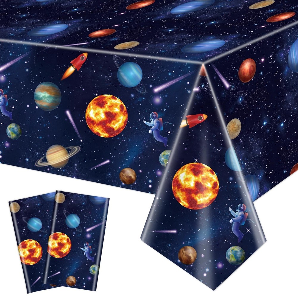 2 Pack Outer Space Party Tablecloths, Solar System Table Covers, 51x87'' Plas...