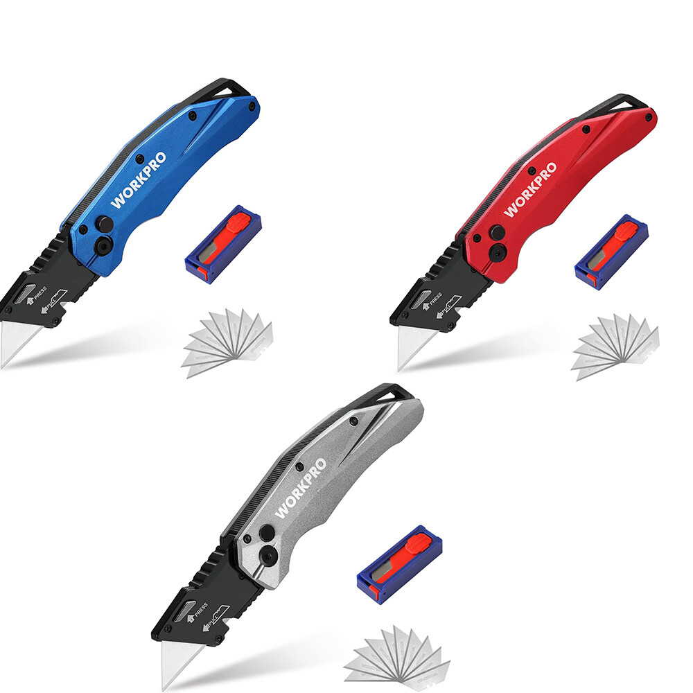 WORKPRO Folding Utility Knife,Quick Open Axis Lock Box Cutter Heavy Duty Metal