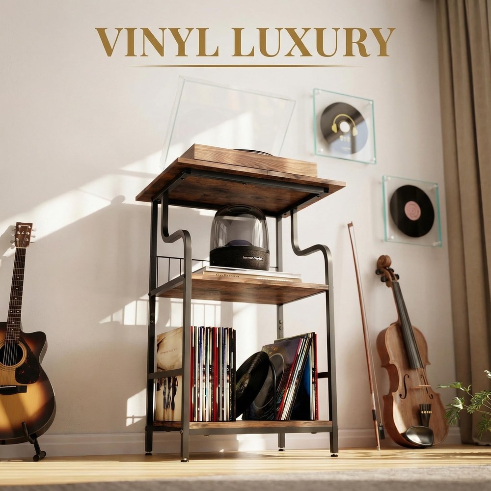 Record Player Stand, 3-Tier Record Player Table, Vinyl Record Storage with Ex...