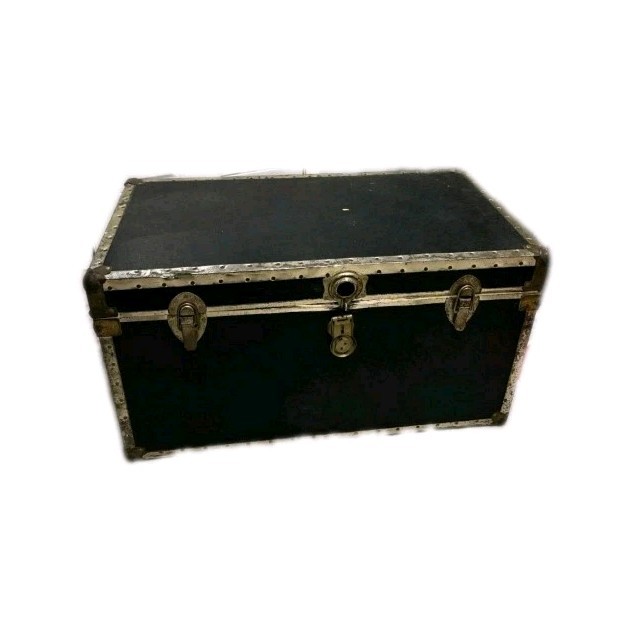 Antique Black Metal Wood Trunk Lockable Hinged Lid Rectangular Solid Travel
