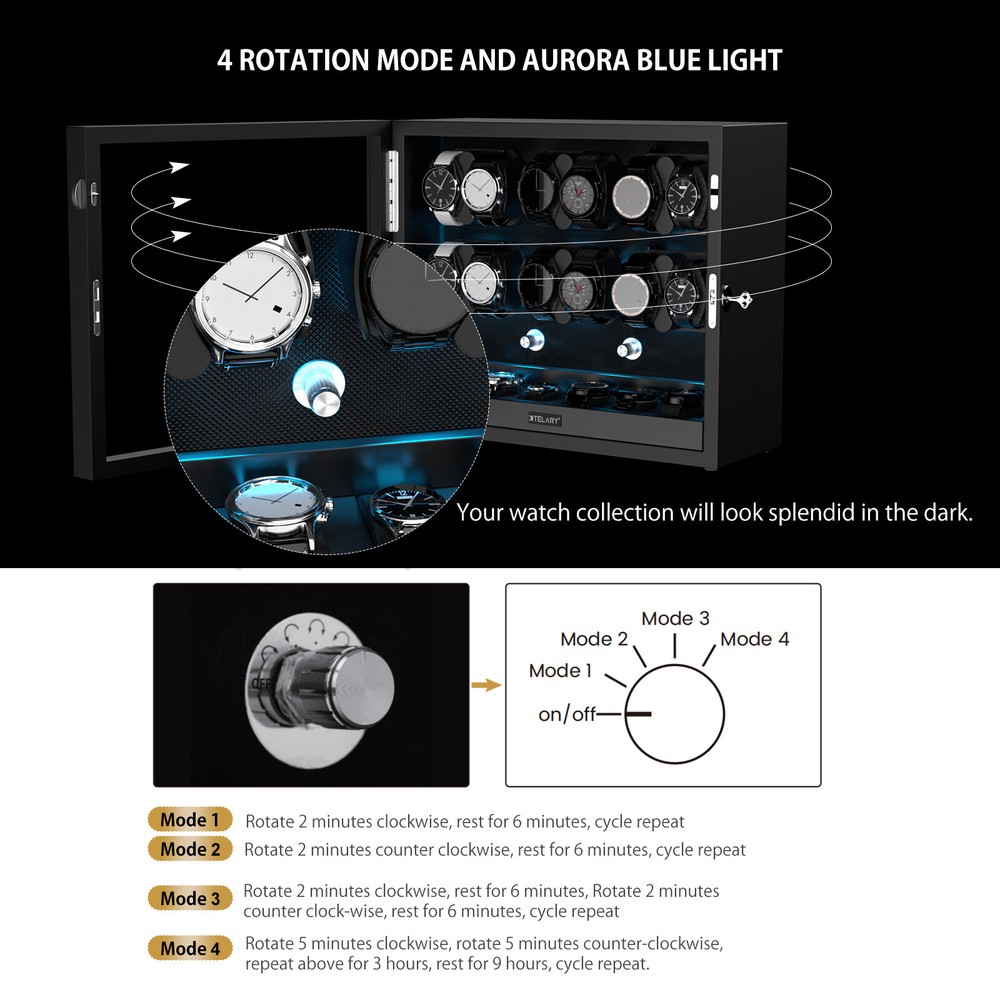 Automatic 12 Watch Winder Display Case With Blue LED Light With 6 Storage Box