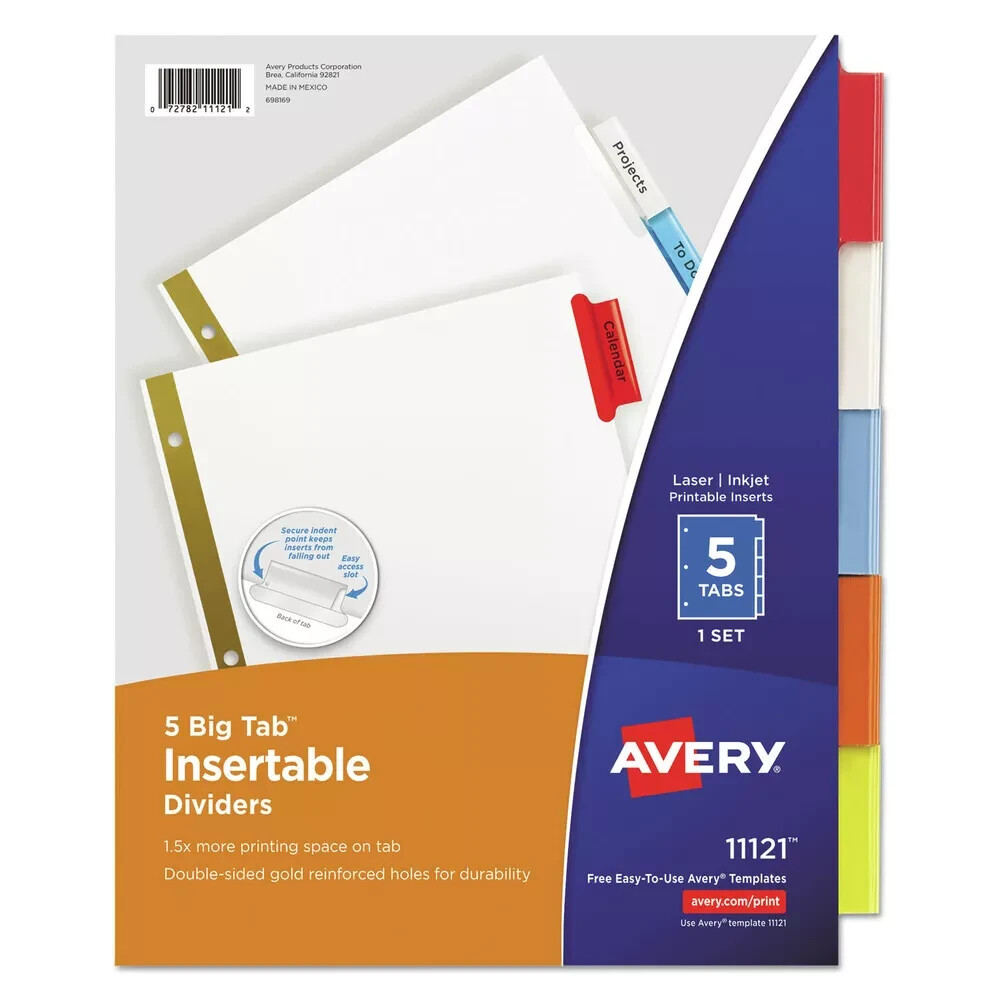 Avery 11121 5-Tab Insertable Big Tab Dividers - White/Assorted Tabs