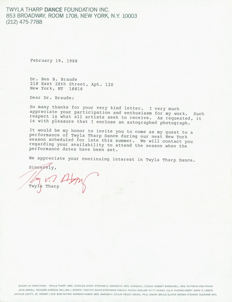 Twyla Tharp Signed Letter