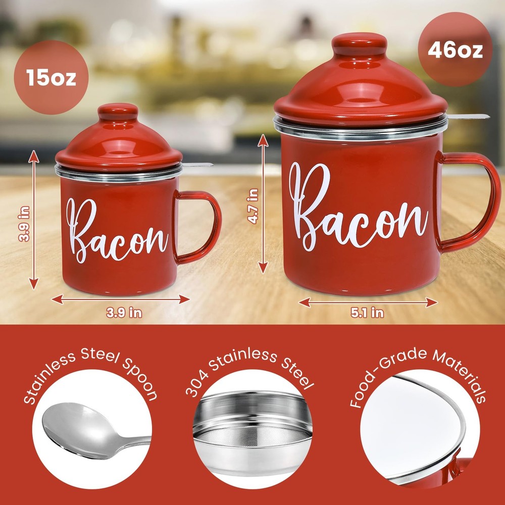 Bacon Grease Container with Strainer - 46oz Enamel 46oz, Red