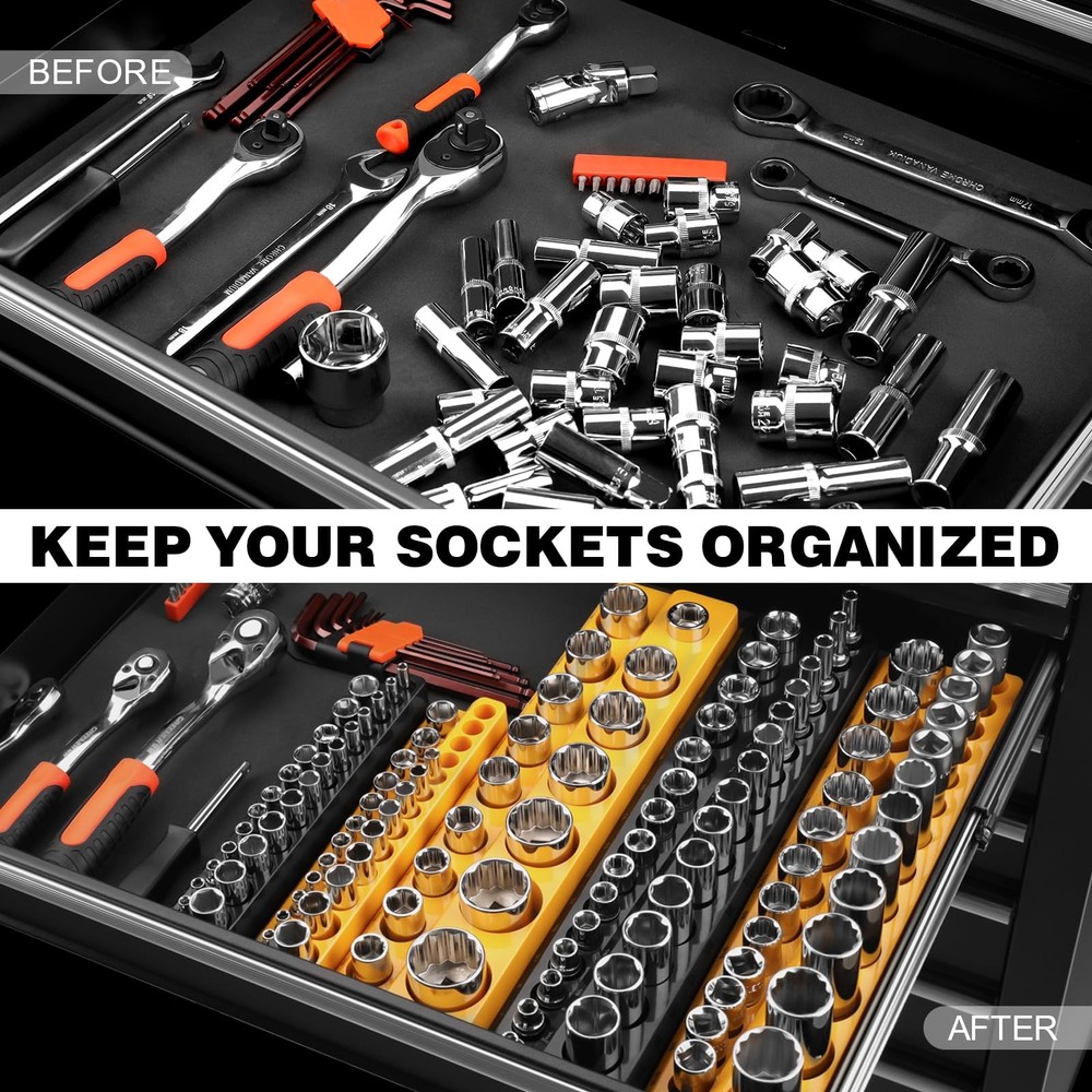Socket Organizer for Tool Box Drawer, 6pc 143 Metric & SAE Magnetic Socket Ho...