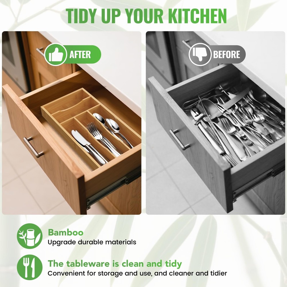 Bayting Small Silverware Organizer, Bamboo Kitchen Drawer Small,