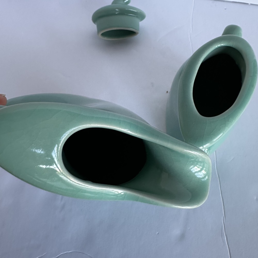 MICHAEL LAMBERT STUDIO Dancing & Struttin Creamer & Sugar Set Signed Aqua Green
