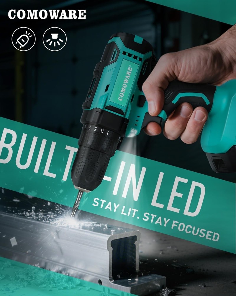 High-Power 20V Cordless Drill with LED Light & Adjustable Torque Control