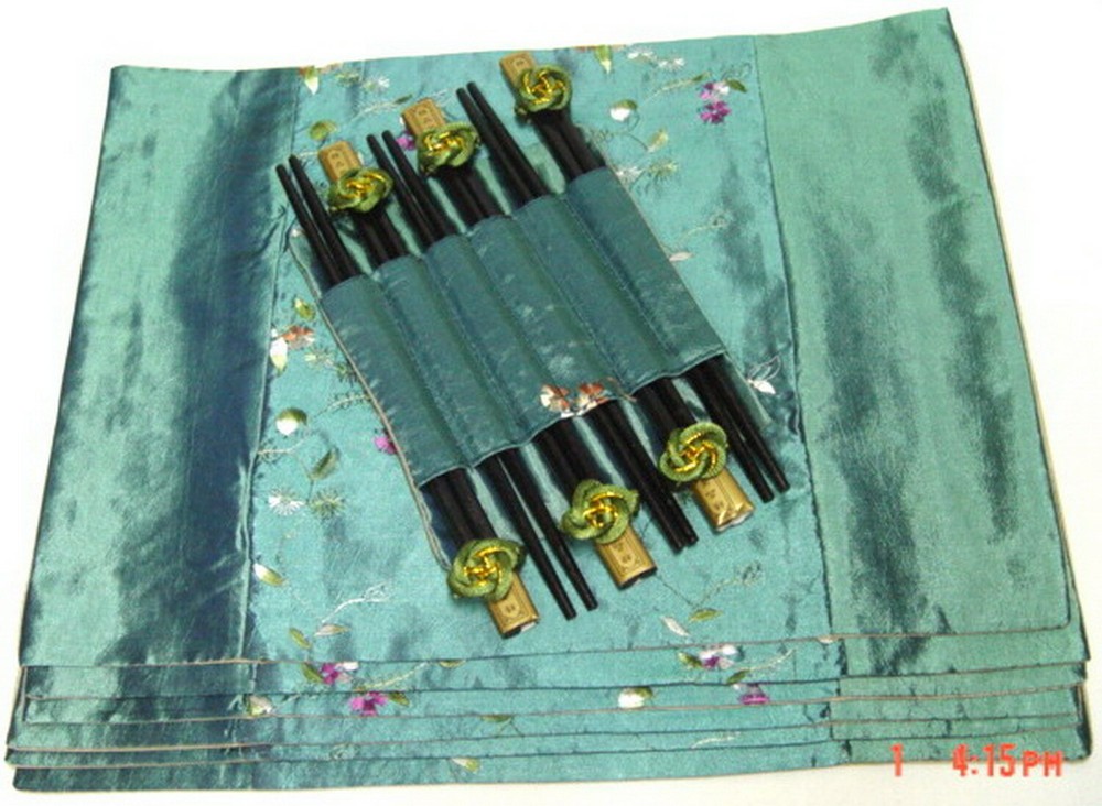Asian 6 Set Floral Patterns Handmade Dinner Sets Silk Placemats Chopsticks
