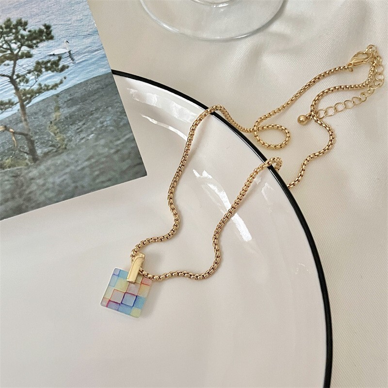 Square Multicolored Pendant Necklace Earring Set Multicolored Gold based