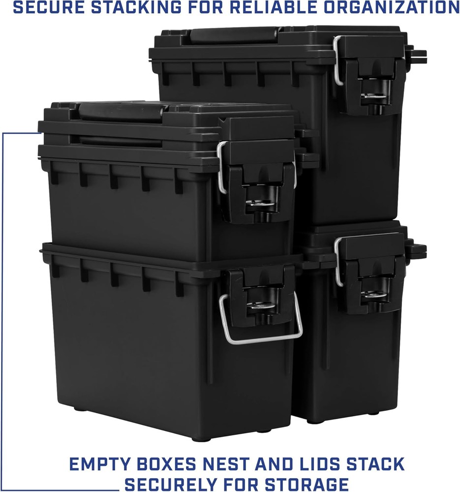 Stackable ammo storage box with lock.