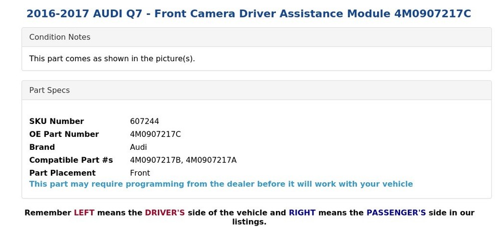 2016-2017 AUDI Q7 - Front Camera Driver Assistance Module 4M0907217C