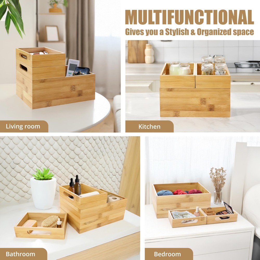 3-Piece Stackable Bamboo Storage Box, Office Desk Organizer, Wooden Boxes for...