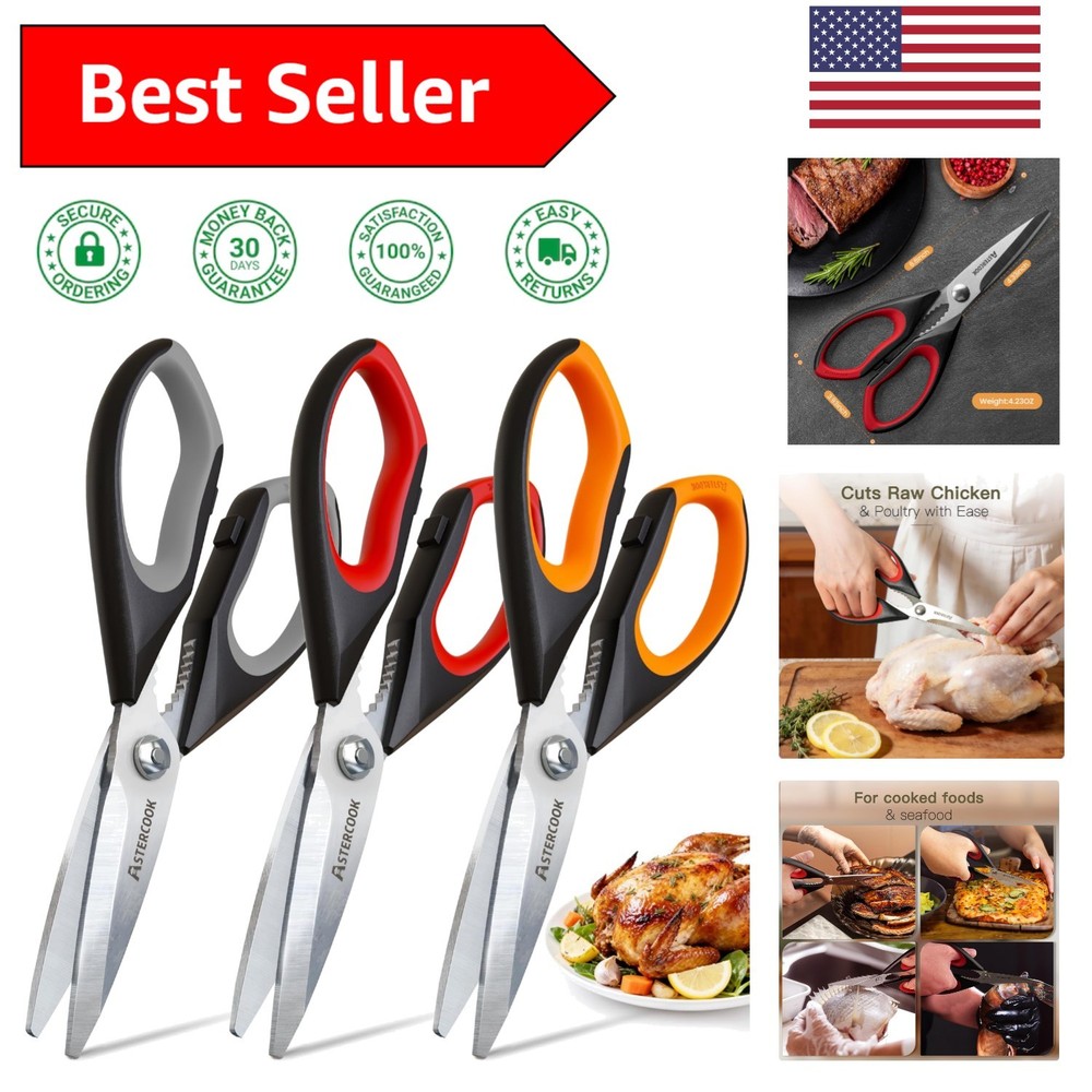 Serrated Edge Kitchen Scissors: 3 Pack with Ergonomic Design for Effortless Use
