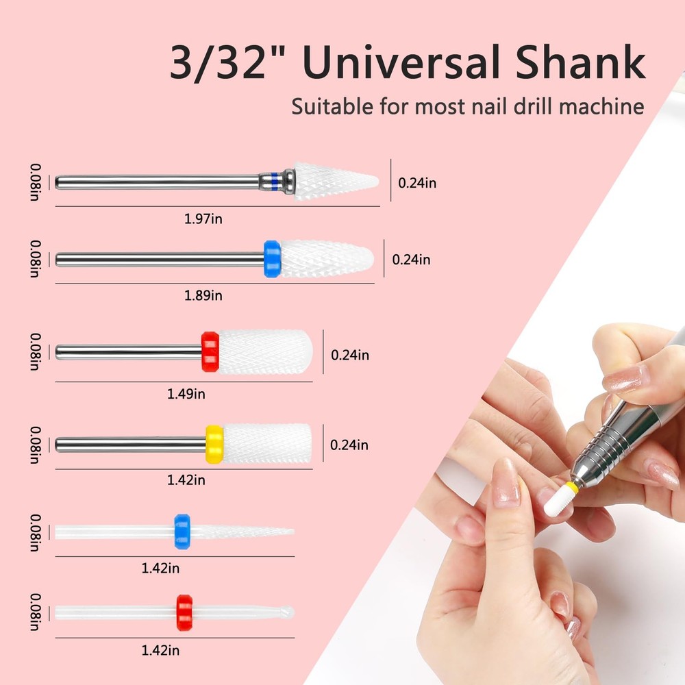 BQAN Nail Drill Bits Set - 6Pcs Ceramic 3/32” for Prep. Cuticle White