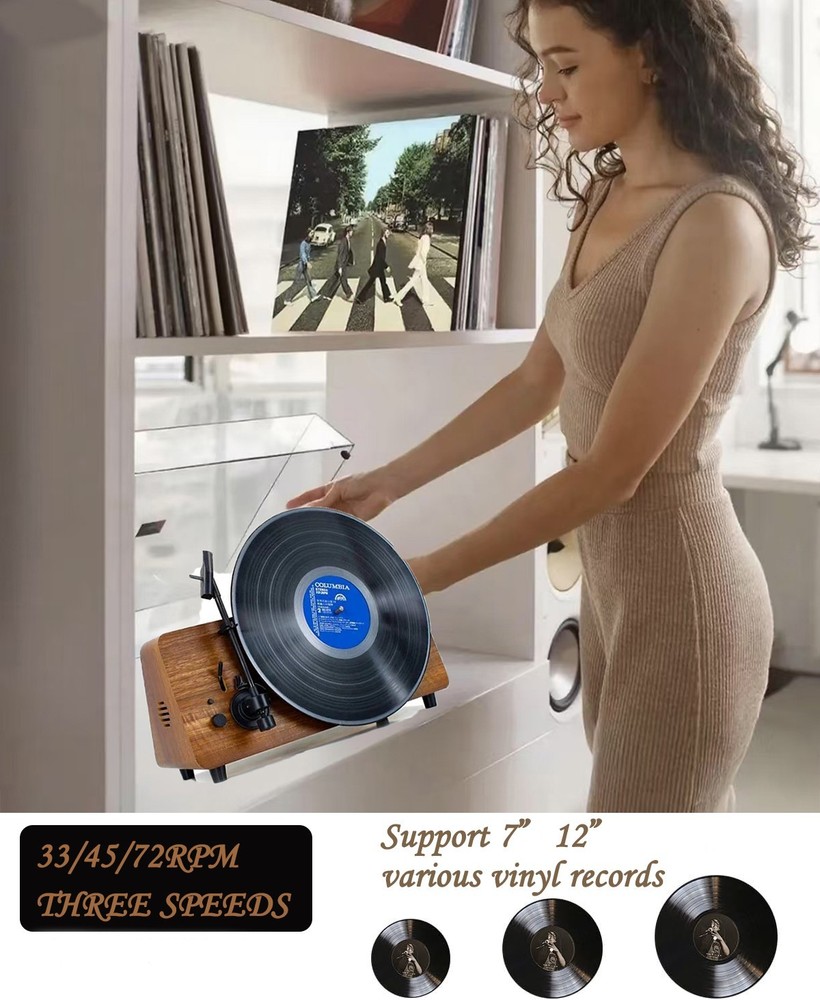 Retro vertical record player, imitation solid wood base, support 33/45/78 speeds